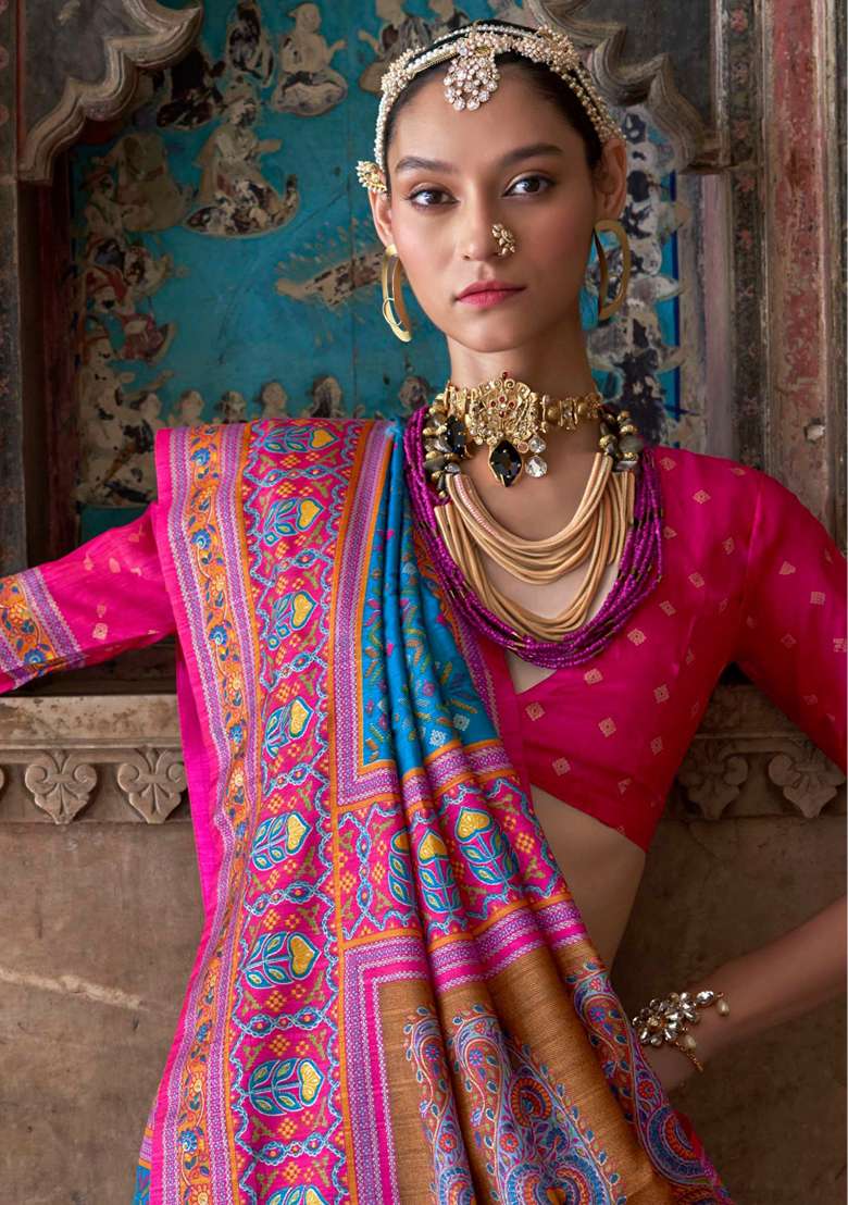 Sky Blue Embroidered Silk Blend Saree Set - Indya